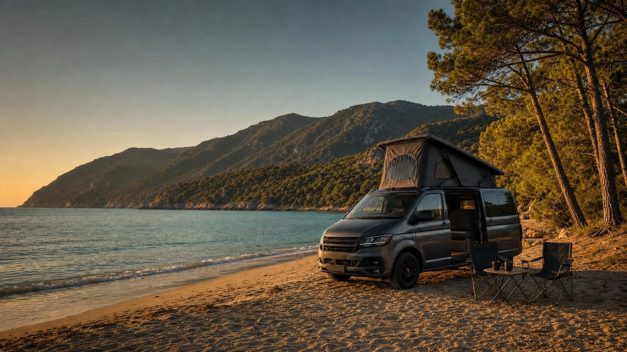 Furgoneta camper con mesa y sillas de camping en una playa con montañas verdes al atardecer